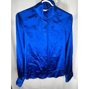 Vintage Royal Blue Satin Mock Neck Blouse Long Sleeve Button Up Top Small 18x24